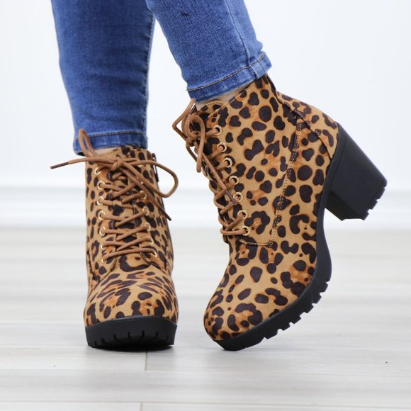 Shoes - Lace-Up Lug Chunky Block High Heel Ankle Boots Leopard Faux Suede